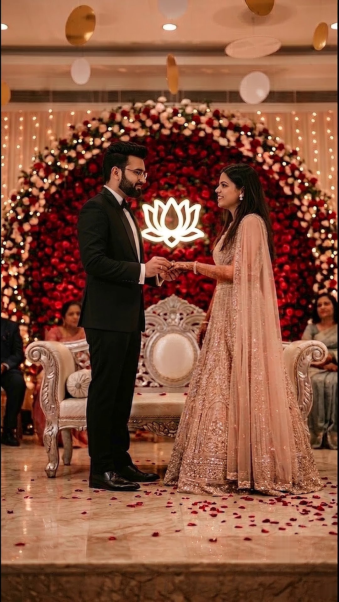 The couple exchanging rings before a red rose and lotus stage