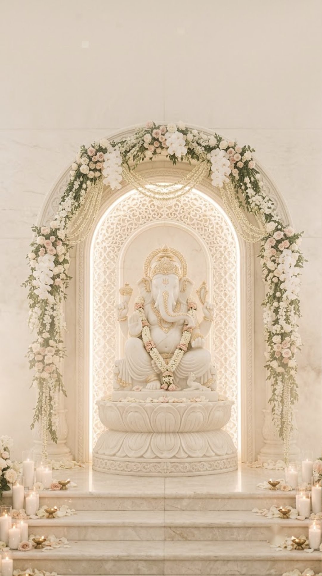 An ivory marble Ganesha in a candlelit floral arch