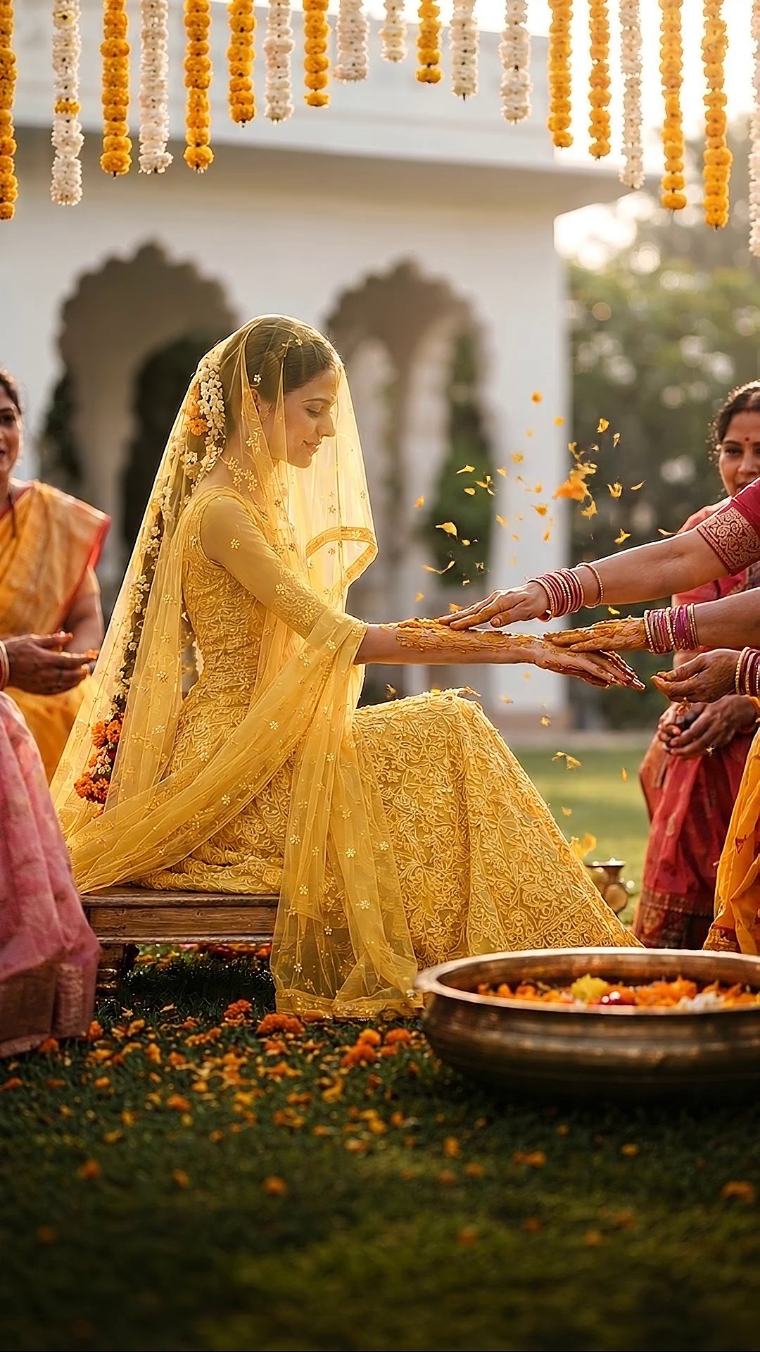 The veiled bride being blessed with haldi under marigold strings