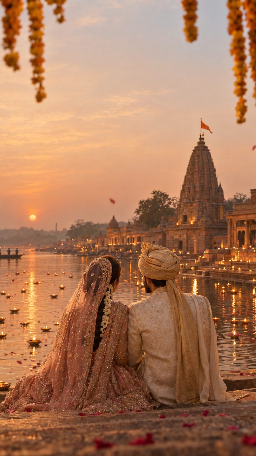 The bride and groom on temple ghat steps at dusk