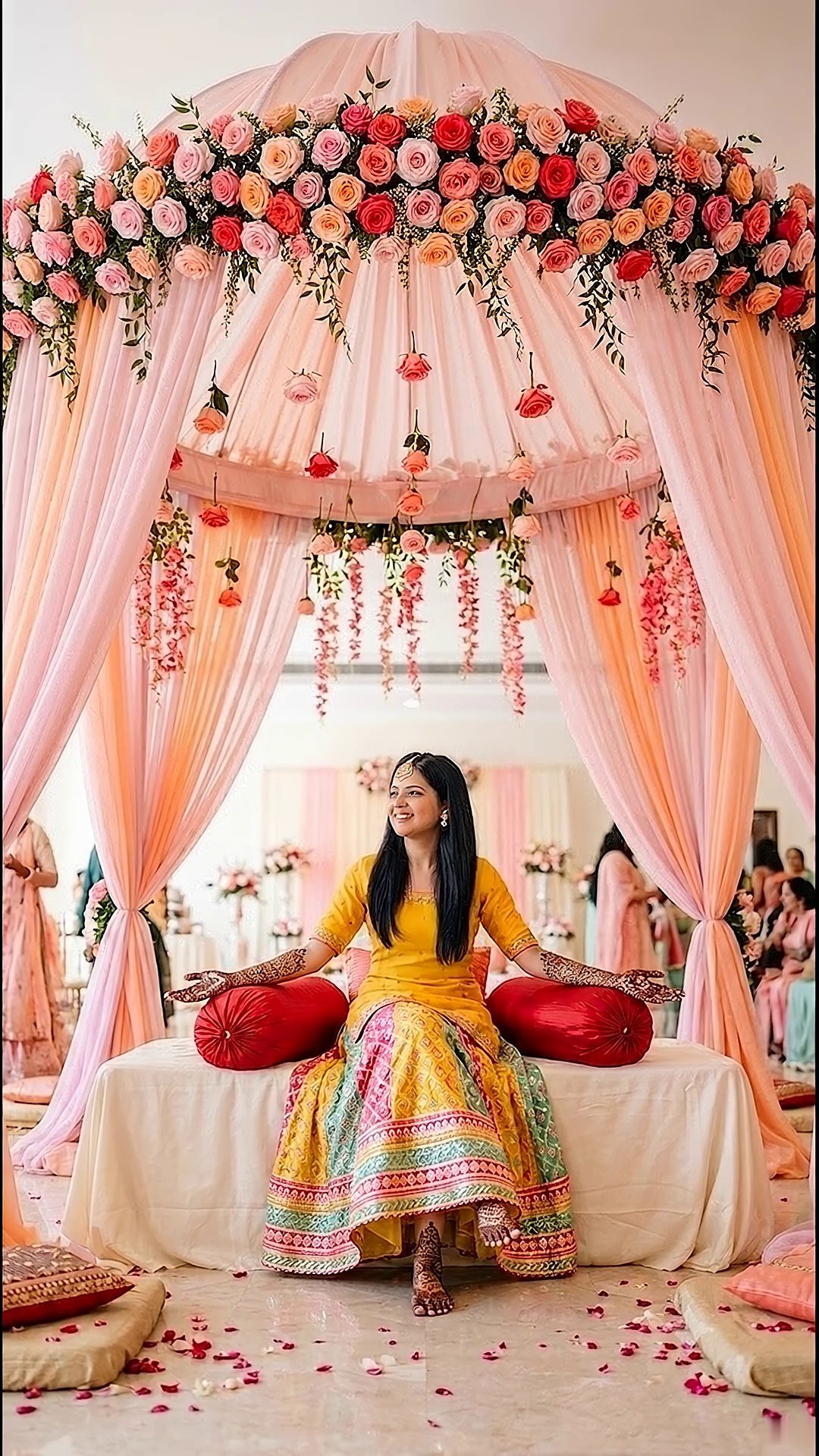 The bride seated under a pastel floral canopy, her mehendi-covered arms resting on red bolsters