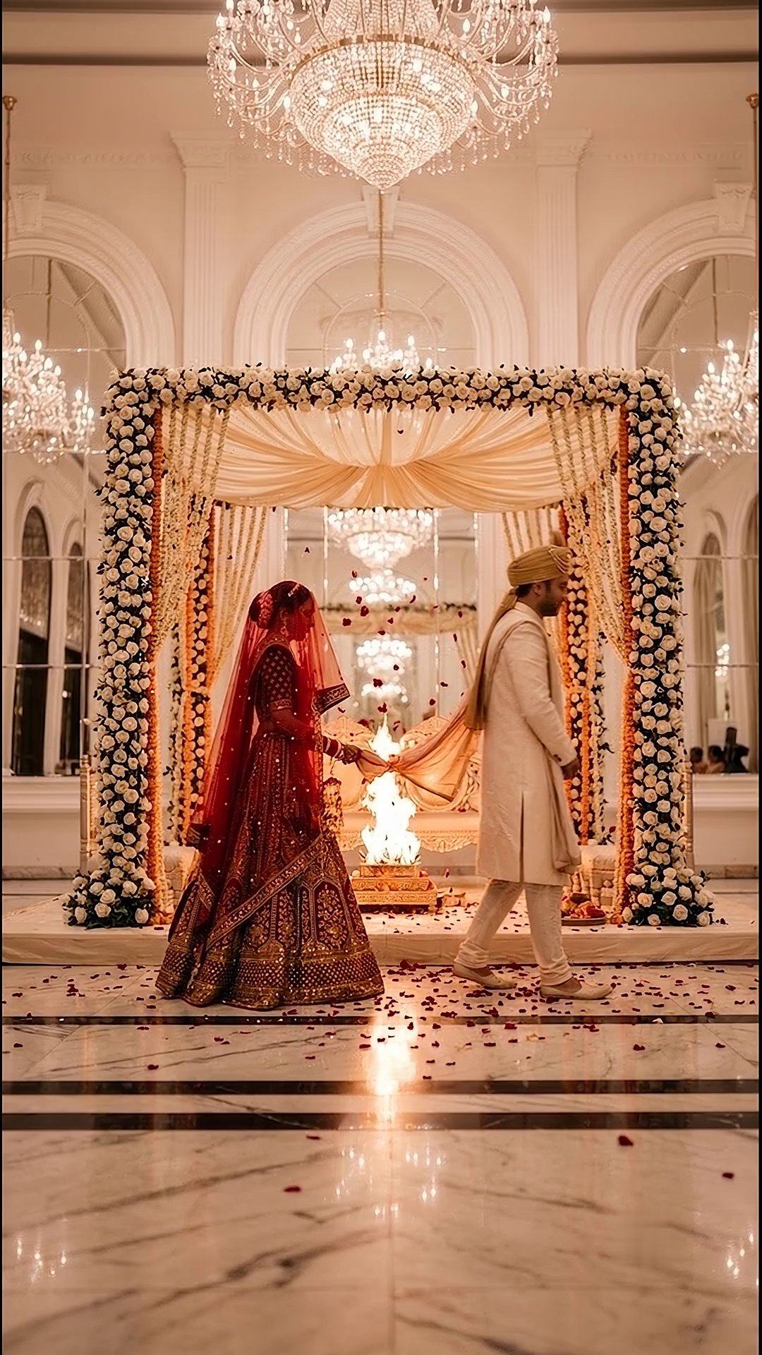 The couple taking pheras around the sacred fire under chandeliers